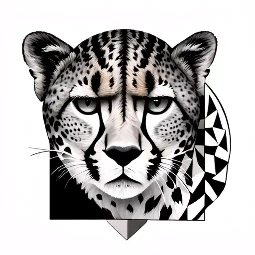 cheetah half face and geometric shapes tattoo design idea