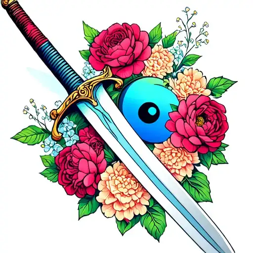 flower bladed sword using roses, peonies, hydrangeas and baby's breathes with a double handle and a blue and green yin y tattoo design idea