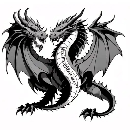 two medieval dragon back tattoo with Viking script down spine tattoo design idea