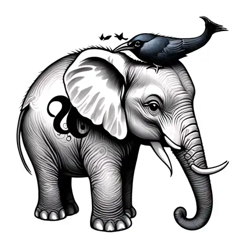 "Whimsical black-and-white tattoo illustration: a cute elephant with a tiny semicolon hidden on its back, wearing a crow tattoo design idea
