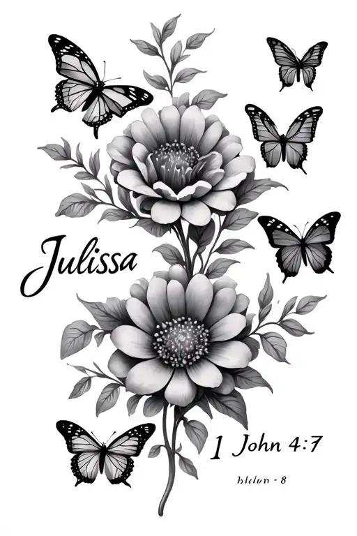flowers and butterflys with the name Julissa across with the bible verse 1 John 4:7-8   tattoo design idea