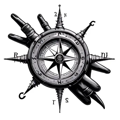 Create a tatoo for a man's hand with a maritime compass related to mechanics in a minimalist style tattoo design idea