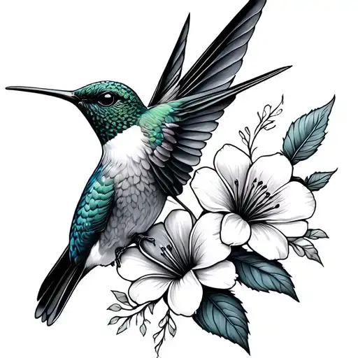 delicate line flowers with line hummingbird perched tattoo design idea
