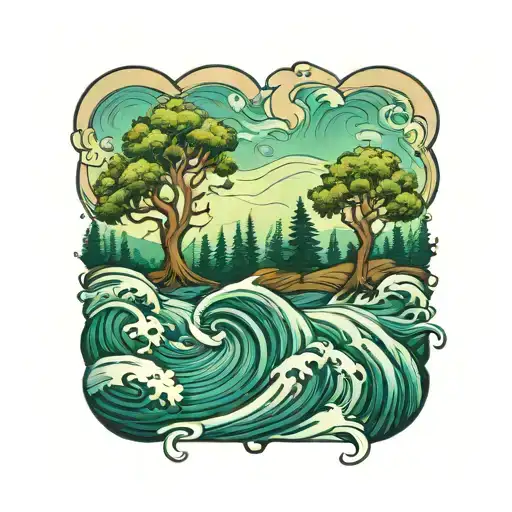 tree line water waves tattoo design idea