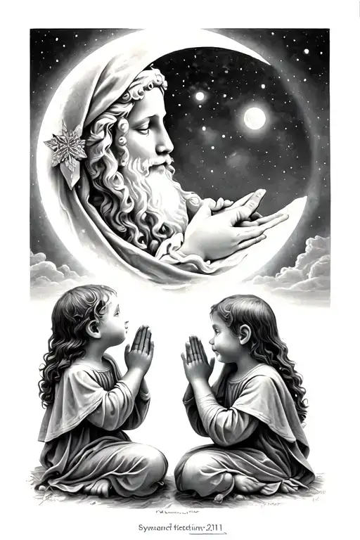 santa maria with 2 kids praying hands holding looking up to the moon tattoo design idea