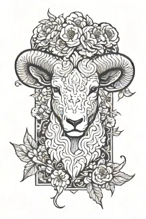 Head of the sign of Aries between flowers growing tattoo design idea