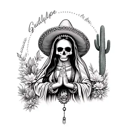 Lady of Guadalupe skull form praying, mexico, cactus, Tequila, Sombrero hat, rosary tattoo design idea