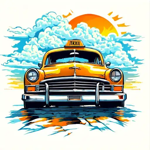 an old taxi towards the horizon full of clouds and sun as the sky did tattoo design idea