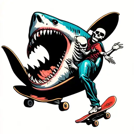 skeleton riding a skateboard inside a shark mouth open tattoo design idea
