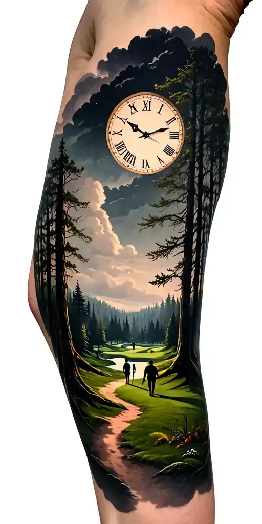 creepy forest scene with black sky with family walking and golf course and time tattoo design idea