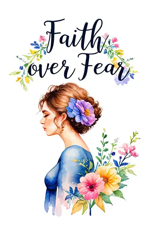 "Faith over Fear" flowers blooming around a lady head profile holding tattoo design idea