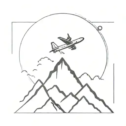 A minimalist airplane silhouette flying over a minimalist mountain range tattoo design idea
