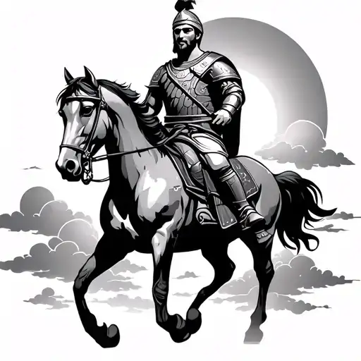 Roman Gladiator on a horse with clouds and sun rising tattoo design idea