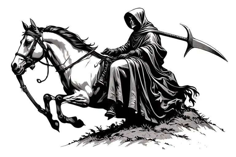 grim reaper sitting on a horse with scythe on a hill tattoo design idea