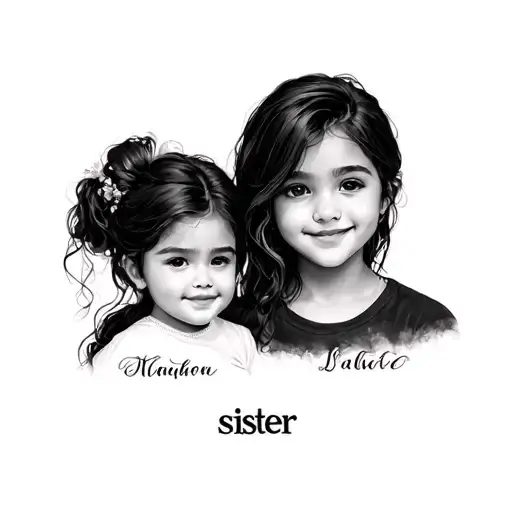 one small bro sis portrait with sister name written tattoo design idea