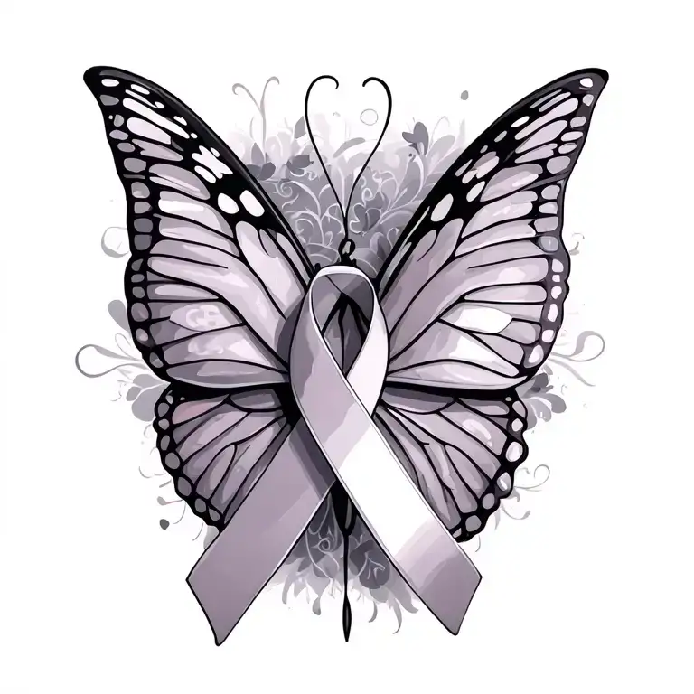 grey cancer ribbon and butterfly wings tattoo design idea