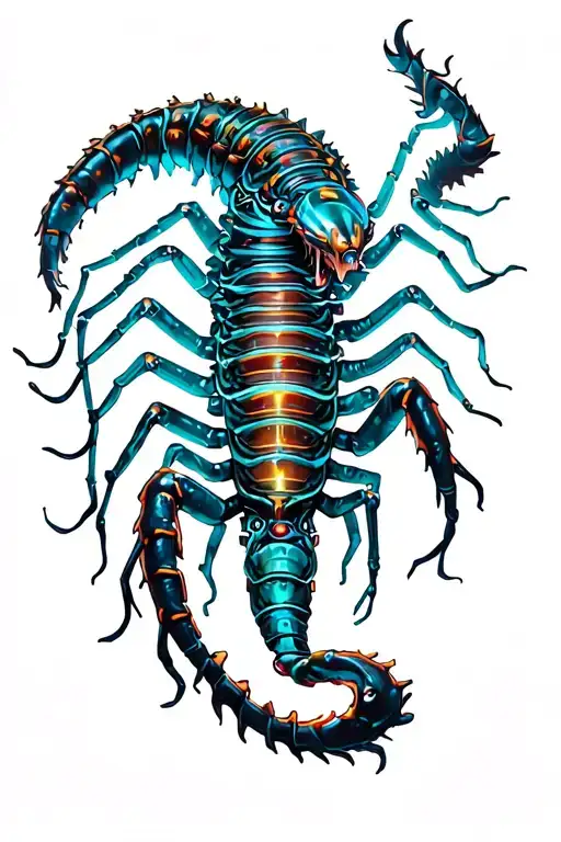 Arcane style centipede: mechanical segments with gears, wires and neon inserts. The body should wrap around the arm tattoo design idea