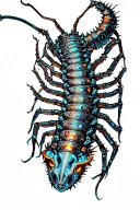 Arcane style centipede: mechanical segments with gears, wires and neon inserts. The body should wrap around the arm tattoo design idea