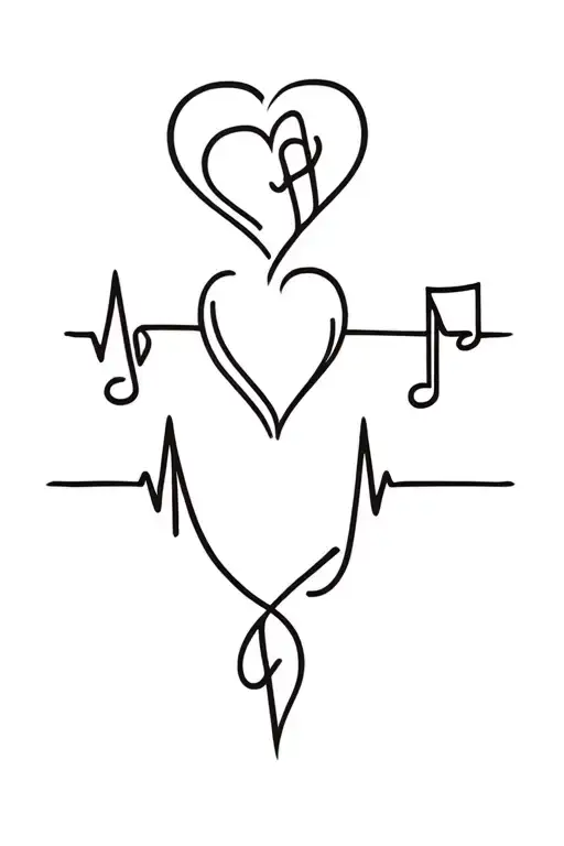 one-line continuous tattoo design featuring Love, Music, and Sport interconnected, a single unbroken heartbeat line form tattoo design idea