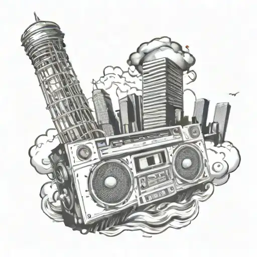 Create a detailed landscape tattoo featuring the Oklahoma City skyline with a hidden hip hop element like a boombox or breakdancer tattoo design idea