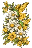 white daisy yellow butterfly hummingbirds flying tattoo design idea