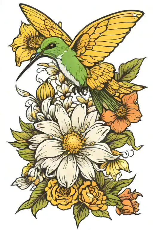 white daisy yellow butterfly hummingbirds flying tattoo design idea