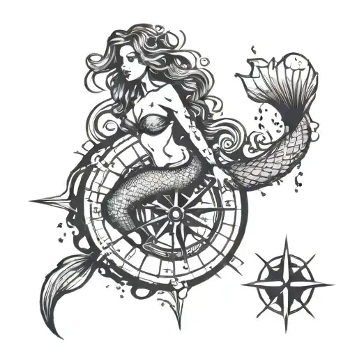 silhouette of a mermaid on the background of a compass and a map of the world with water stains tattoo design idea