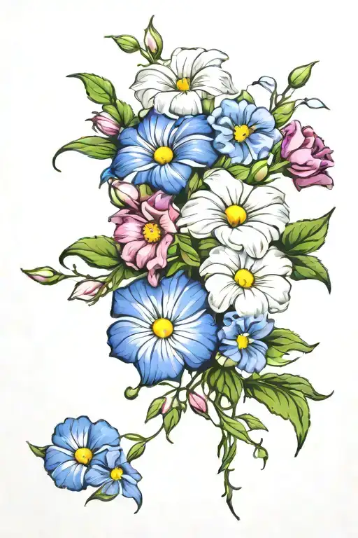 daisy aster sweet pea morning glory flower bouquet tattoo design idea