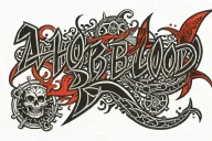 "Aho blood" in red script, trailing off. include 3 nautical stars in black and red underneath the words  tattoo design idea