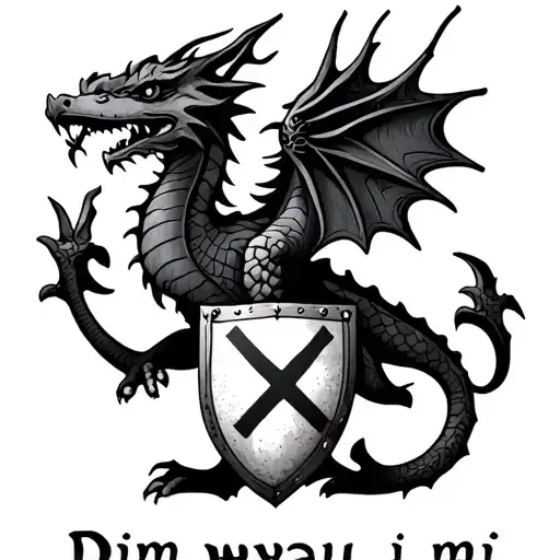 "Dim wyau i mi." A small black and white tattoo of a Welsh dragon with a shield featuring a crossed-out egg. tattoo design idea