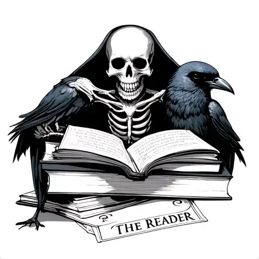a skeleton reading if with a stack of books and a crow tarot card named the reader tattoo design idea