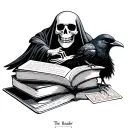 a skeleton reading if with a stack of books and a crow tarot card named the reader tattoo design idea