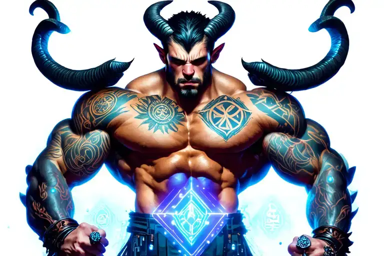 gay male horned satyr with massive bodybuilder muscles, animal companions, fisting tattoo, nipple rings, leather tattoo design idea