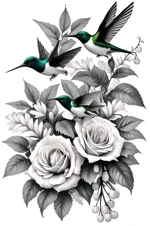 hummingbirds, birch trees, barn, lily of the valley, carnation, daffodil, rose, hyacinth tattoo design idea