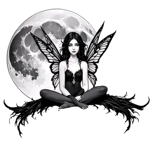 Moon, with a Gothic fairy sitting cross legged tattoo design idea