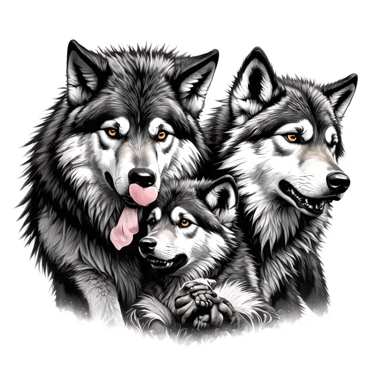 2 wolves and 2 angle cubs playing tattoo design idea