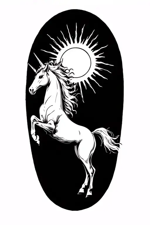 a sun with a creepy unicorn jumping over it tattoo design idea