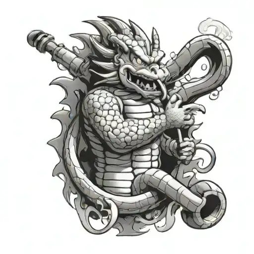 Eternal dragon shinron from the dragon ball z cartoons spiraling up a water pipe bong taking a hit with smoke rolling ou tattoo design idea