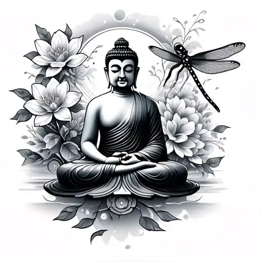 black and grey buddha, a dragonfly, and then pagodas, japanese flowers and buddhist quotes and a cool shading tattoo design idea