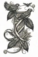infinity, feather, birds, letter M, letter K tattoo design idea