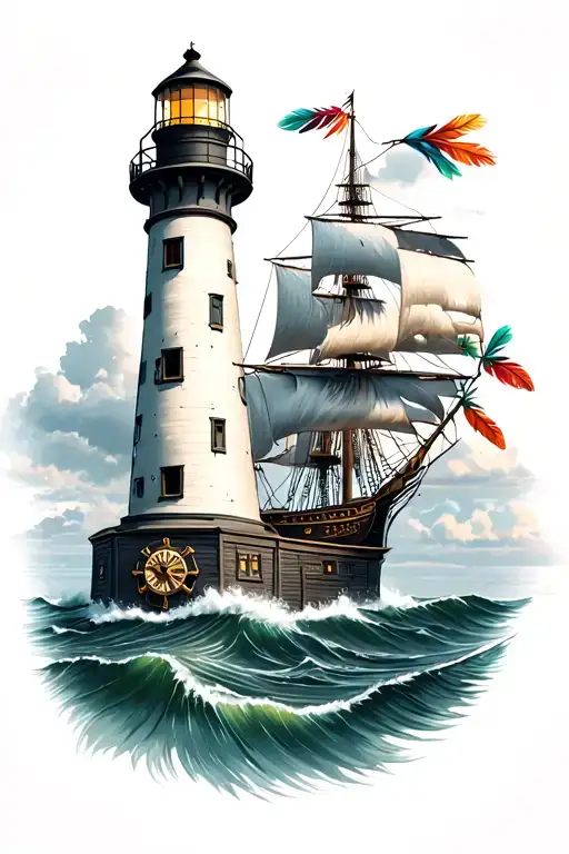 lighthouse with clock and ship wheel and indian feathers tattoo design idea