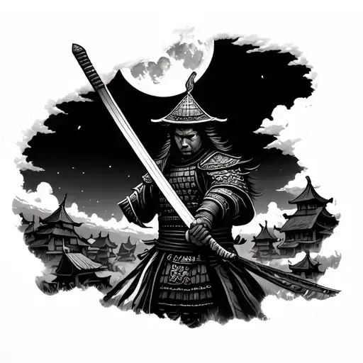 Samurai warrior holding sword in front of face. Burning village in background. Moon high in the sky, slightly cloudy tattoo design idea