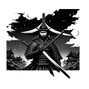 Samurai warrior holding sword in front of face. Burning village in background. Moon high in the sky, slightly cloudy tattoo design idea