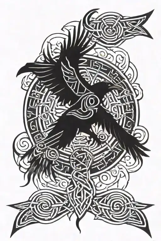Celtic Forearm tattoo with runes, ravens, and feathers tattoo design idea