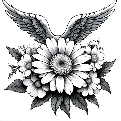 chrysanthemum flower, cosmos flower, memorialize honeysuckle flower with angel wing tattoo design idea