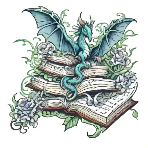 dragon hoarding stack of open books, wind and  light shooting up, with butterflies, flowers and leafy vines curling down tattoo design idea