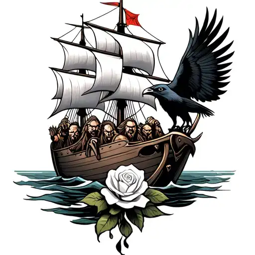 A Viking ship with angry Vikings on it and an angry Oden and a white Yorkshire rose down near my hand and black ravens f tattoo design idea