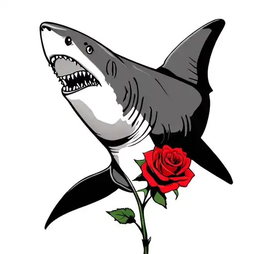 hammerhead shark black and white with 1 red rose  tattoo design idea