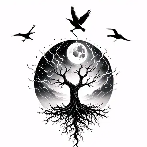 Lightning, tree, bird, moon, stars, depth, roots, underarm tattoo, stretched vertical tattoo design idea