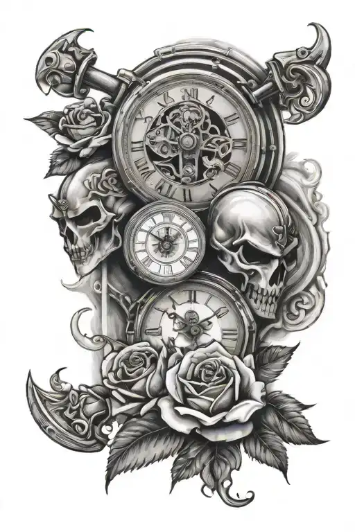 3 Time Clocks Arm with rose and spartan helmet surrounded tattoo design idea